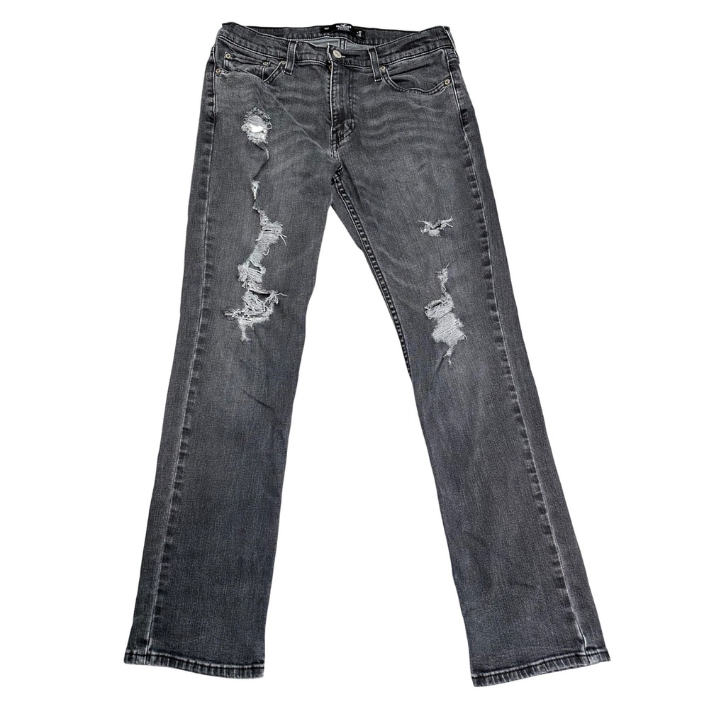 Hollister Y2K Mens Slim Straight Epic‎ Flex Distressed Ripped Black Jeans 32x32